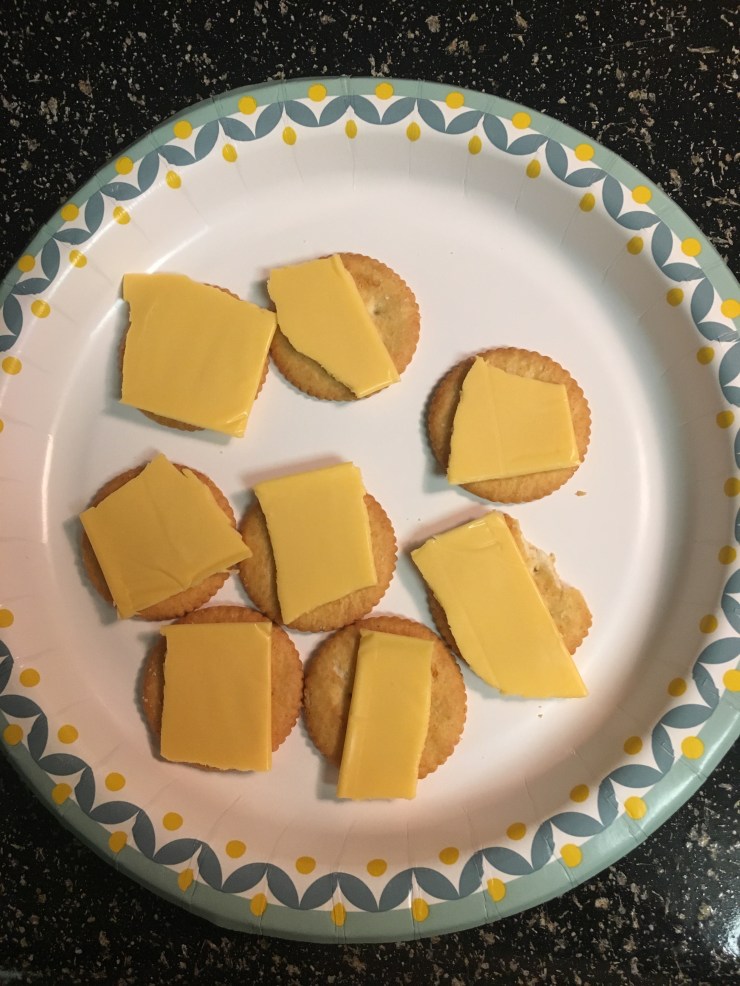 Cheese and crackers on a paper plate.