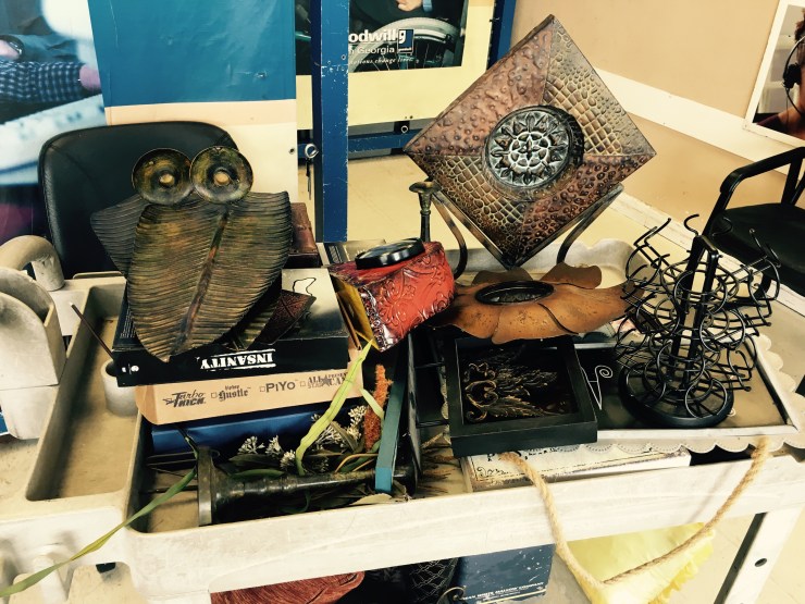 Knick knacks on a cart.