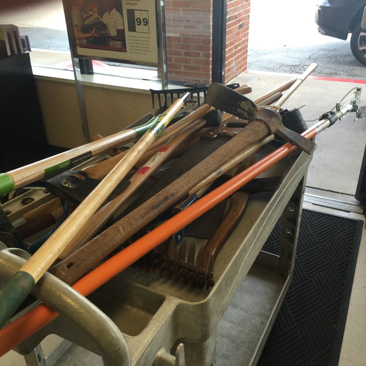 Garden tools on a cart.