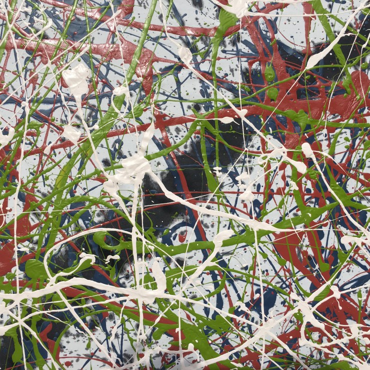 Detail of drip painting: Black, blue, red, green, pink.