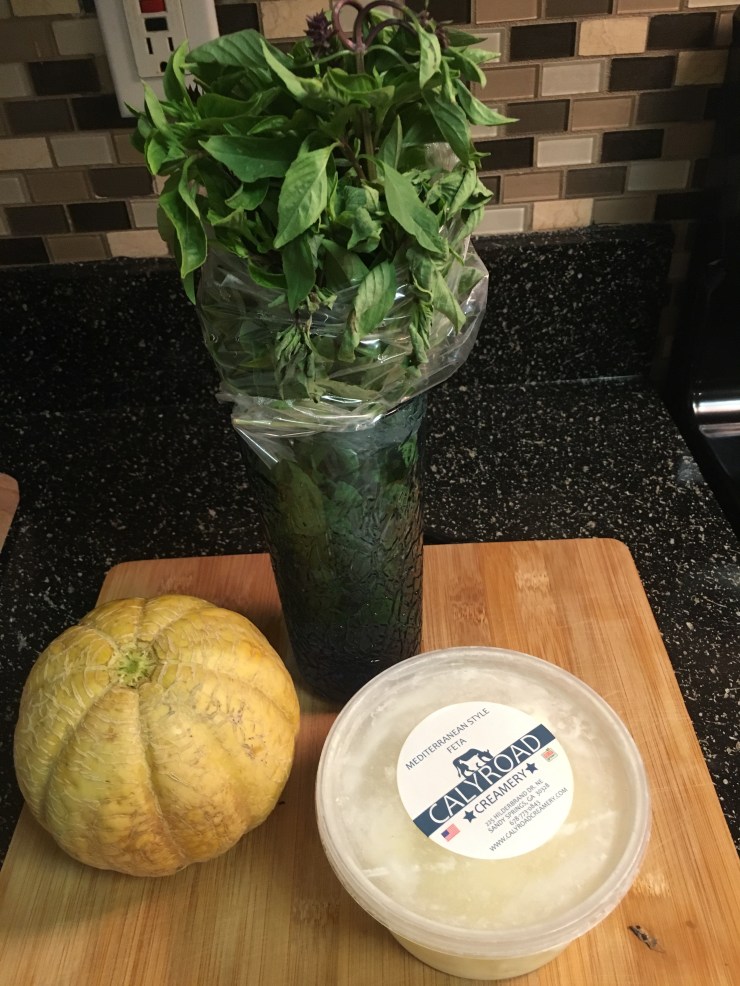 Cantaloupe, feta cheese and thai basil.