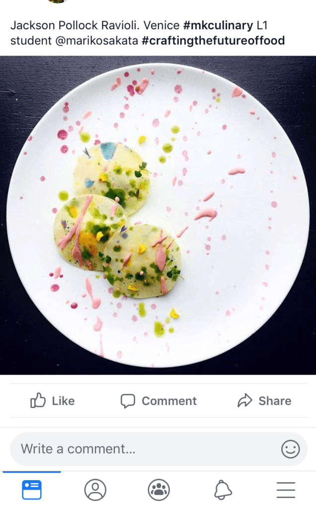 Ravioli with splattered sauces.