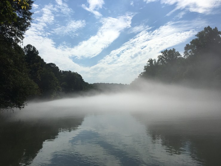 A fog covered river.
