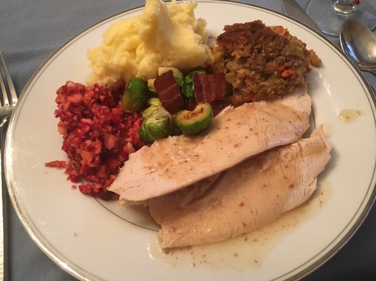 A plate of Thanksgiving food.