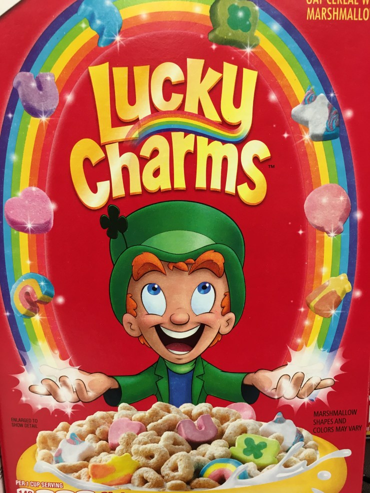 A box of Lucky Charms cereal.