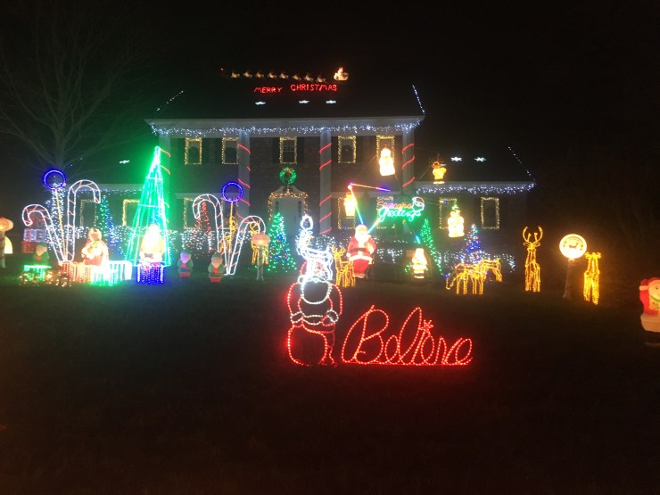 A front yard filled with Christmas lights.