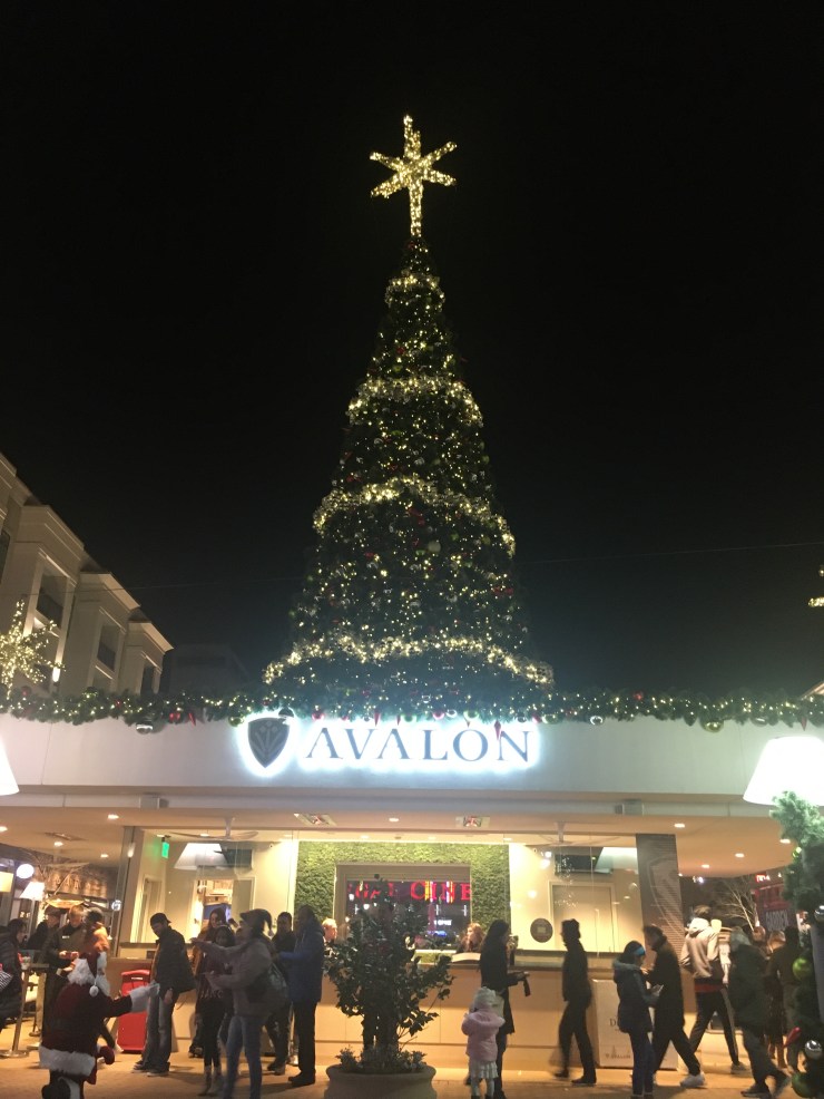 Christmas tree at a shopping center entrance.