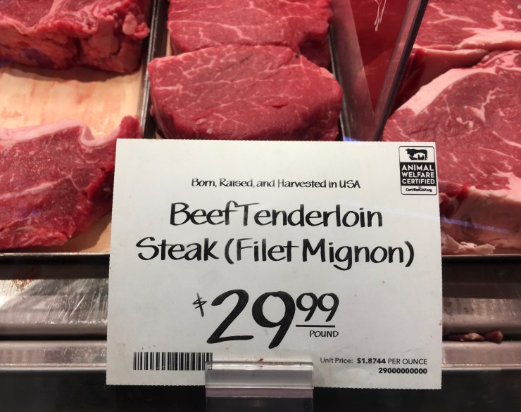 Filet Mignon $29.99 per pound.