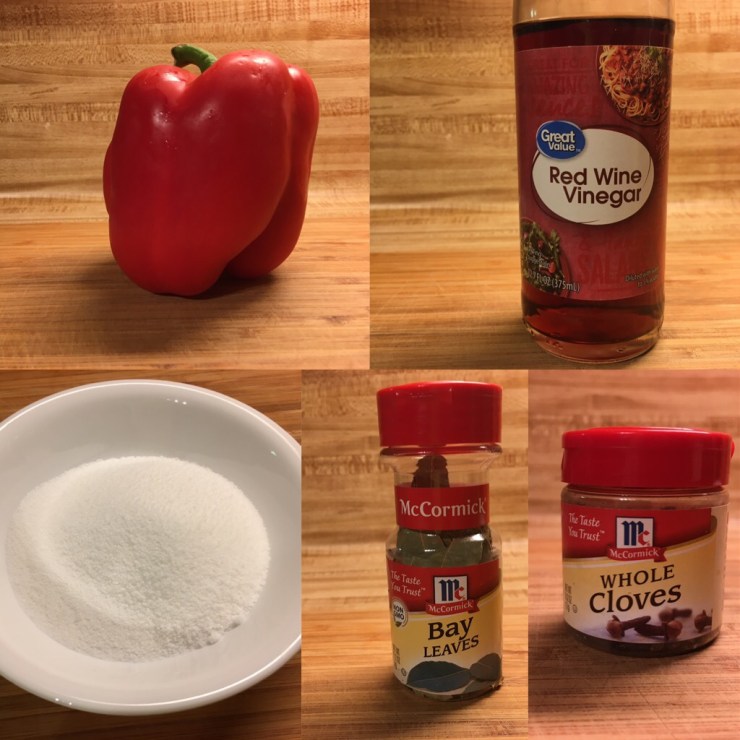 Red bell pepper, red wine vinegar, sugar, bay leaves and cloves.