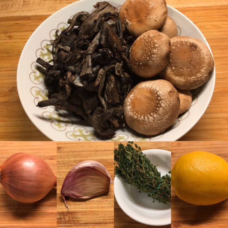 Black trumpet and shiitake mushrooms, shallot, garlic, thyme and lemon.