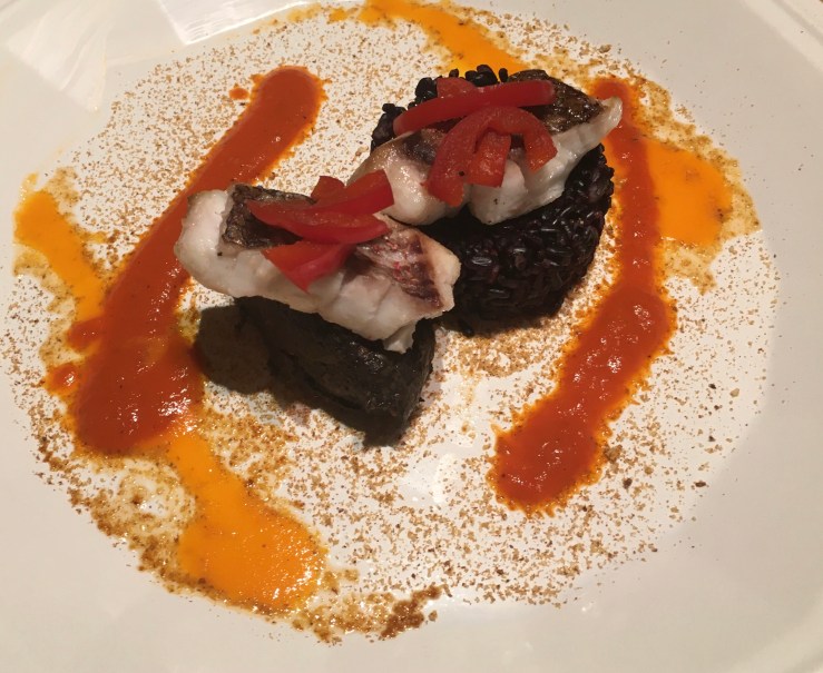 Red mullet, Forbidden rice, Black Trumpet duxelles and “Romesco” sauce.