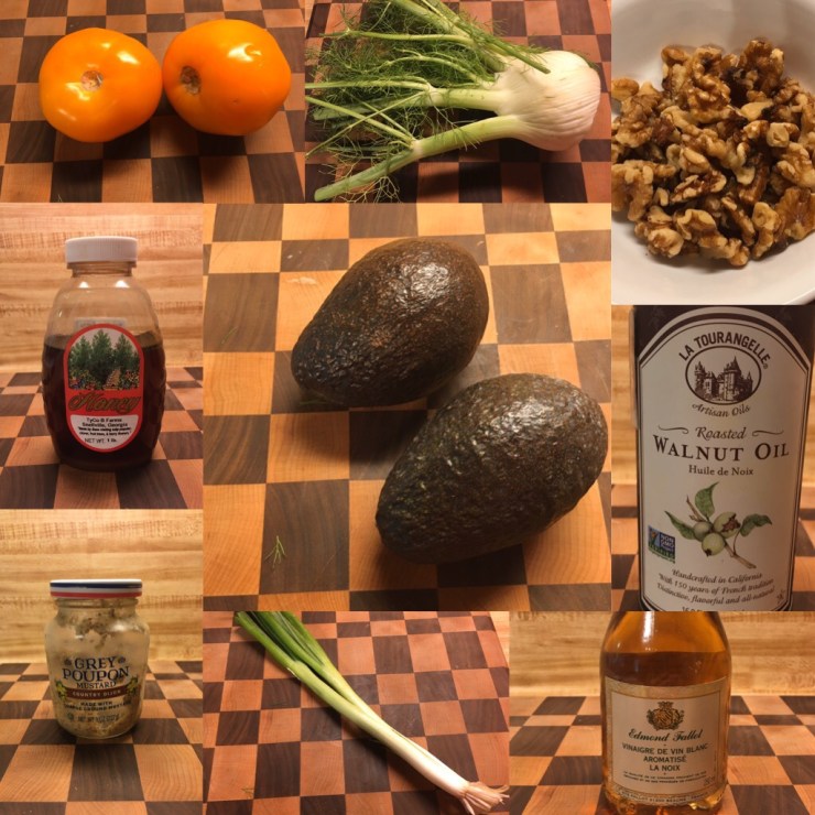 Ingredients for avocado/tomato/fennel salad.