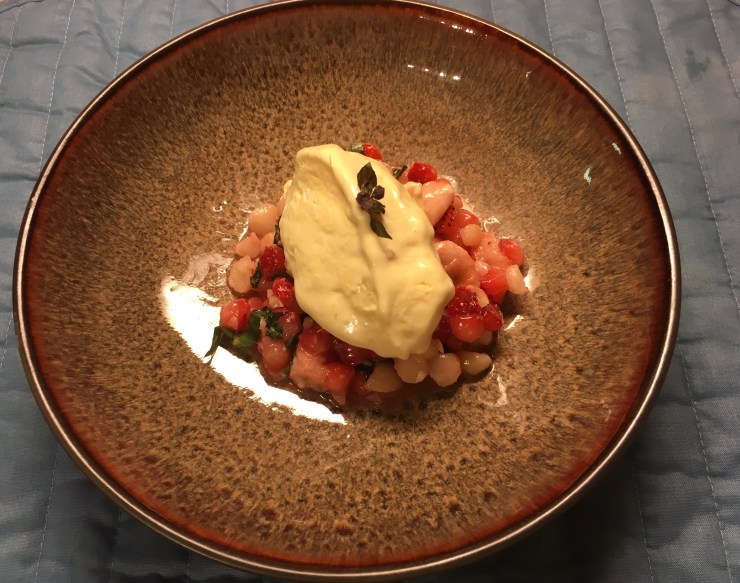 Mango Semifreddo and mangosteen/strawberry salad.