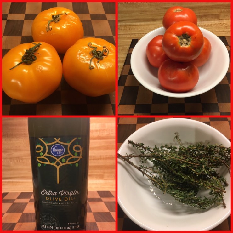 Yellow and red tomatoes, olive oil and thyme sprigs.
