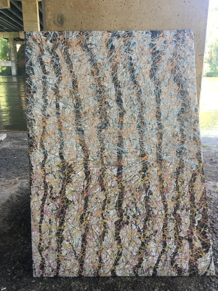 Drip painting with vertical black lines.