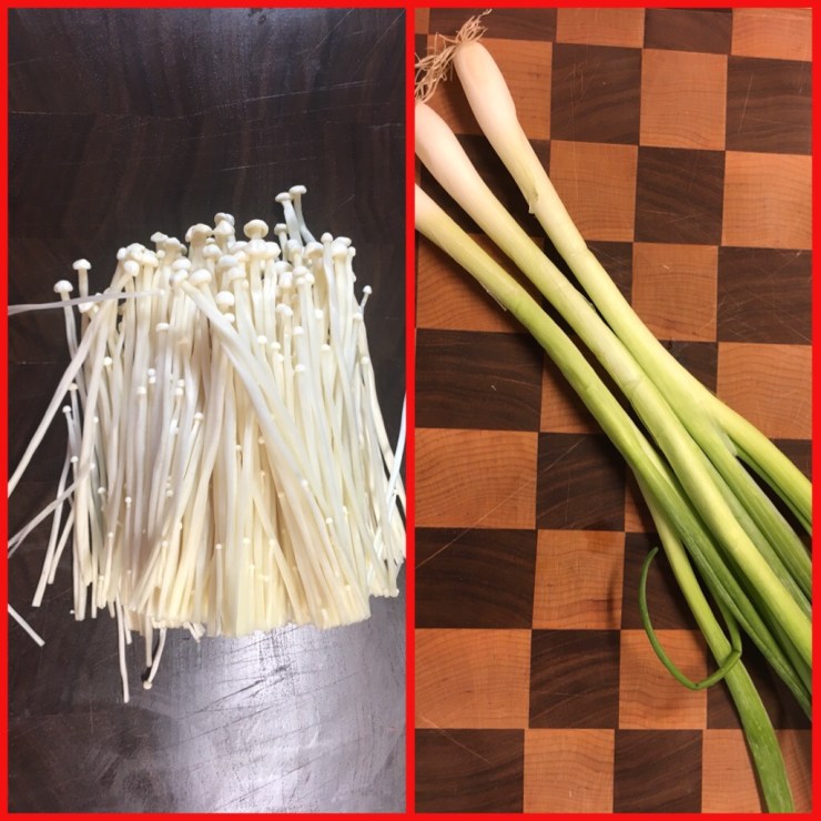 Enoki mushrooms and green onions.