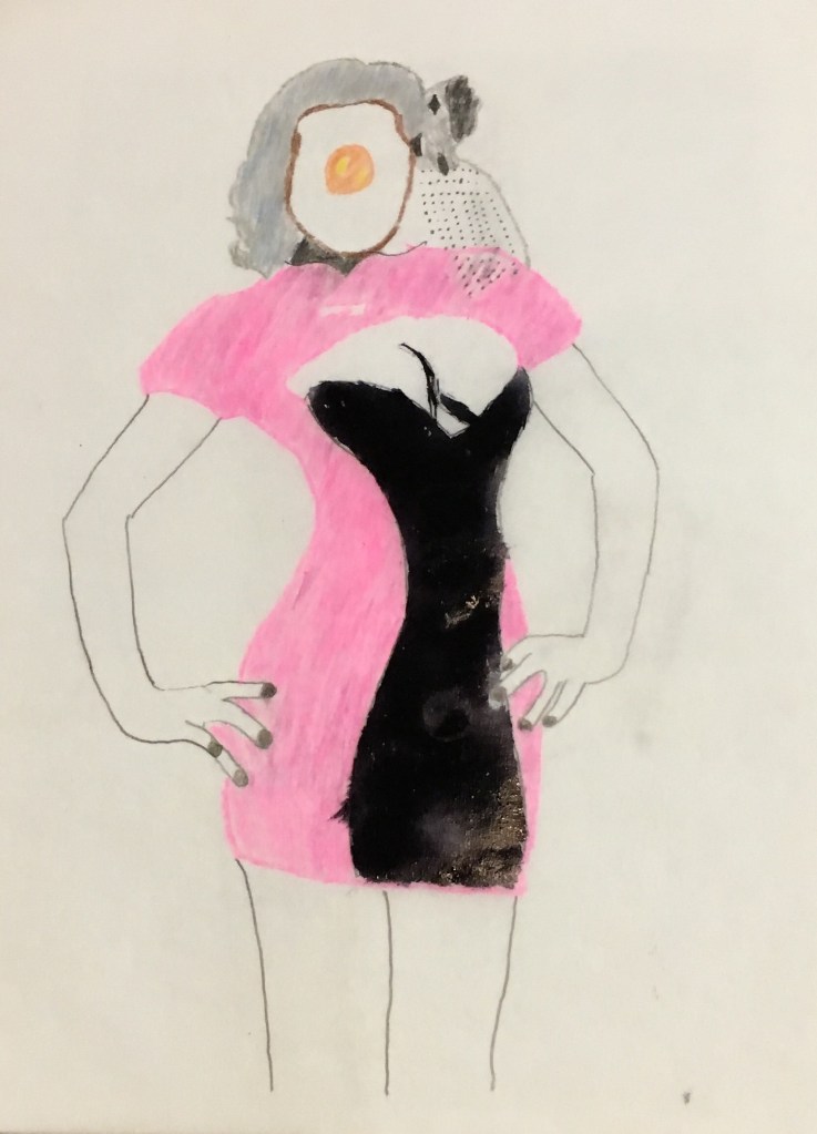 Painting of woman in pink dress with a fried egg face.