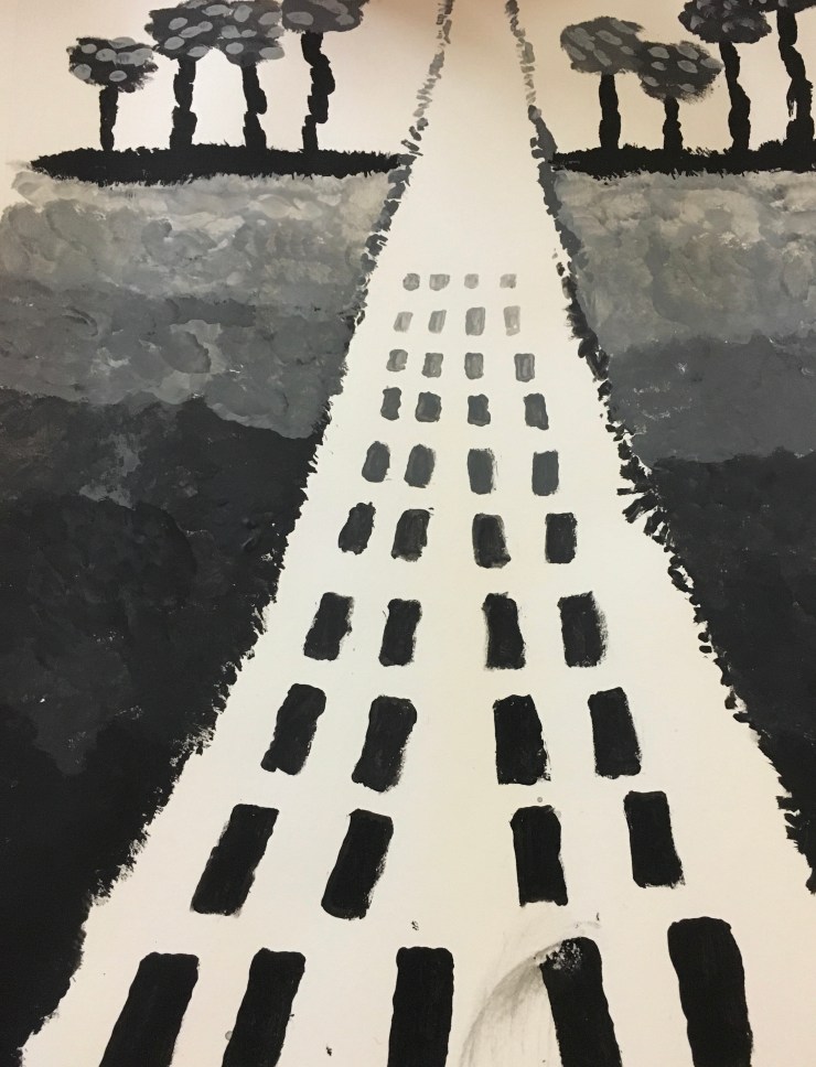 Black and white painting of road.