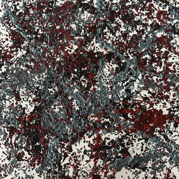 Chains dipped in gray, burgundy and black paint then dropped on a canvas.