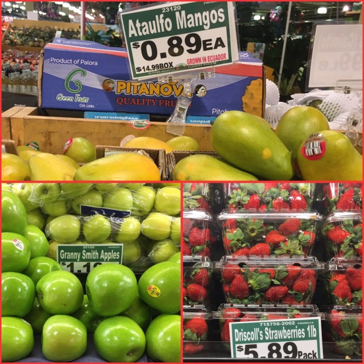 Mangoes, apples and strawberries.