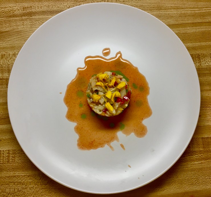 Shrimp salad and carrot juice.