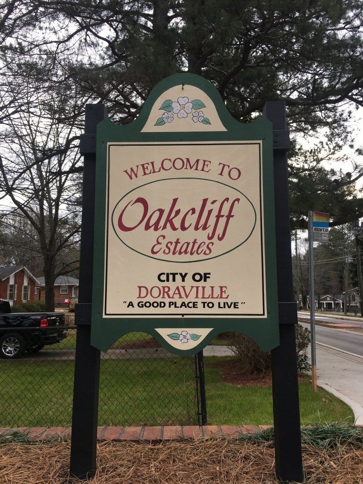 Entrance sign to Oakcliff estates neighborhood.