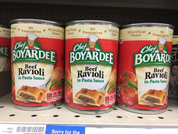 Chef boy ar Dee ravioli.