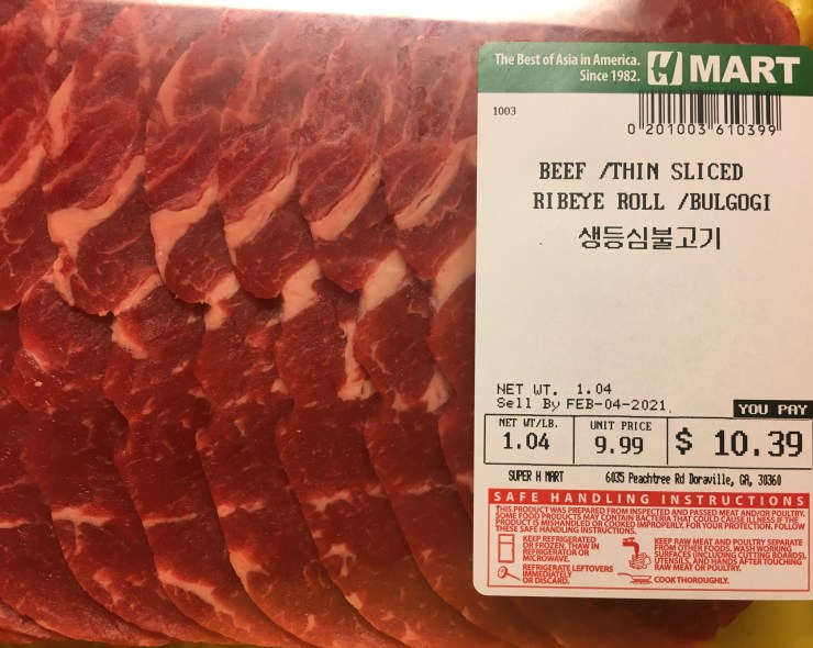 Thinly sliced ribeye steak for bulgogi.