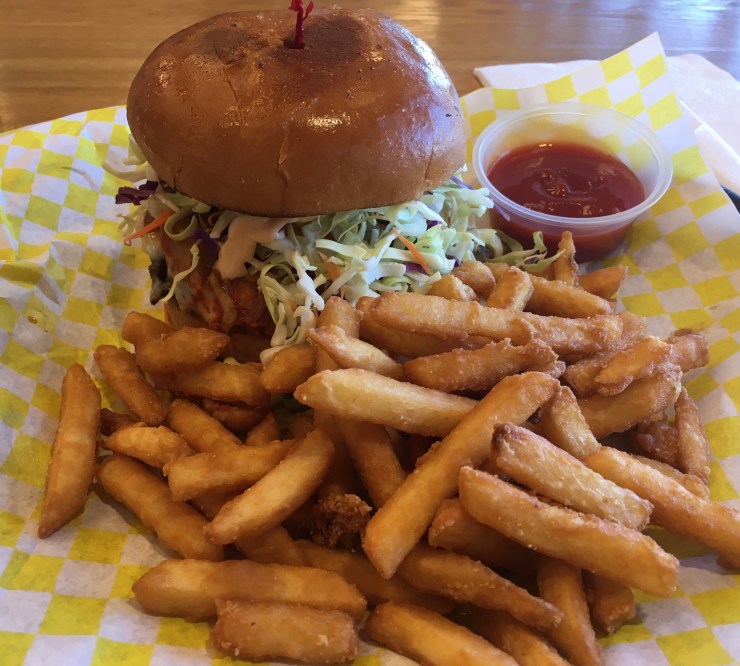 Bulgogi burger with fries.