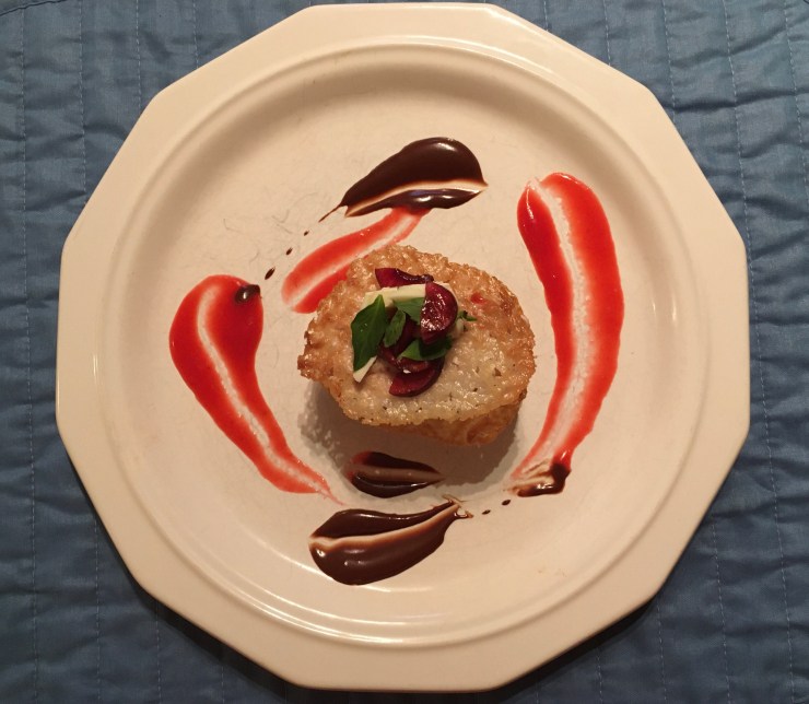 Top view of white chocolate and cherry mousse Napoleon.