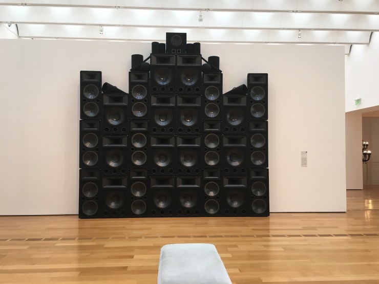 A wall of stereo speakers.