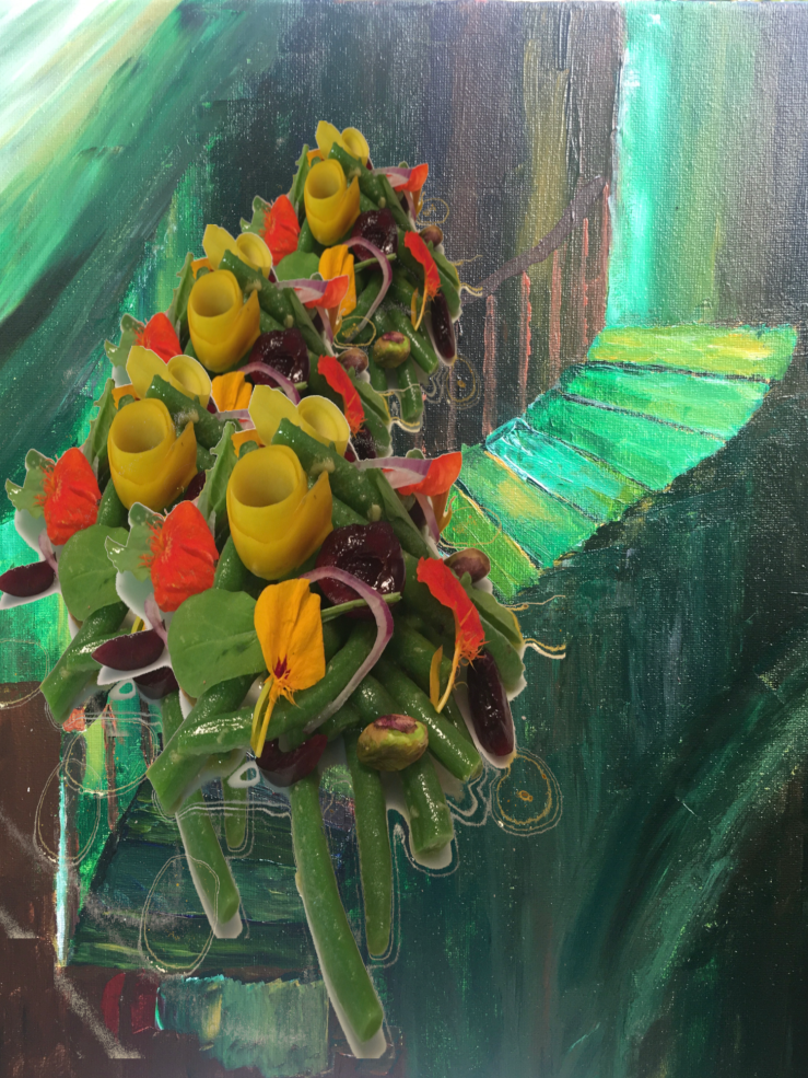 Painting of four green bean salads descending a green staircase.