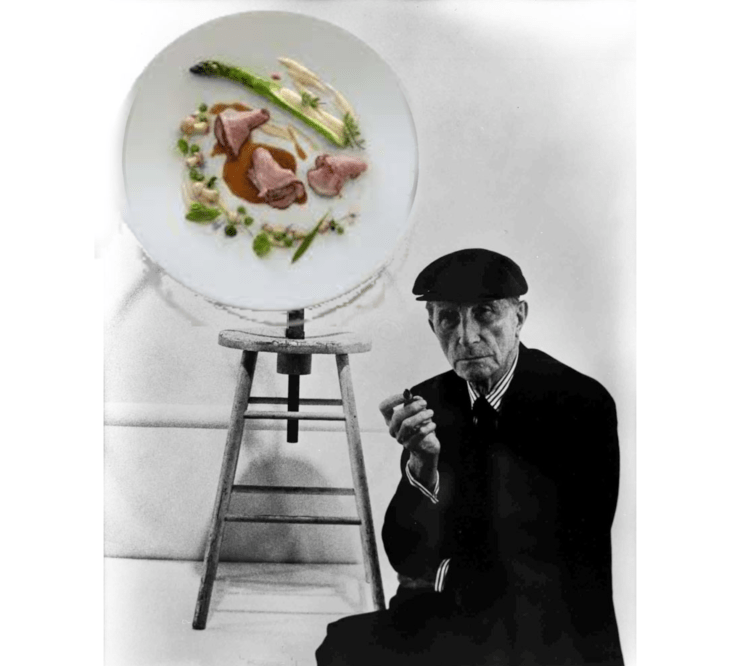 Marcel Duchamp in front of his “roasted squab” bicycle wheel.