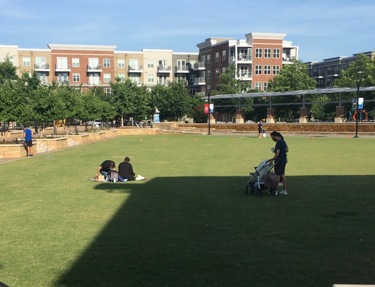 People relaxing on the lawn at the farmers market.