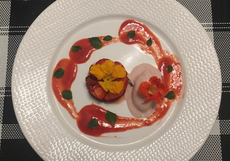 Strawberry semifreddo, strawberry salad, strawberry sauce, nasturtiums and Thai basil from the farmers market.