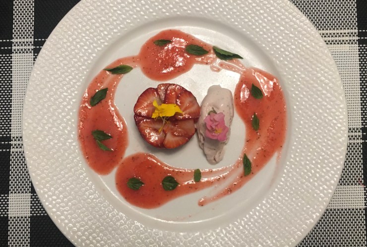 Strawberry semifreddo, strawberry salad, strawberry sauce, pansies and Thai basil from Whole Foods.