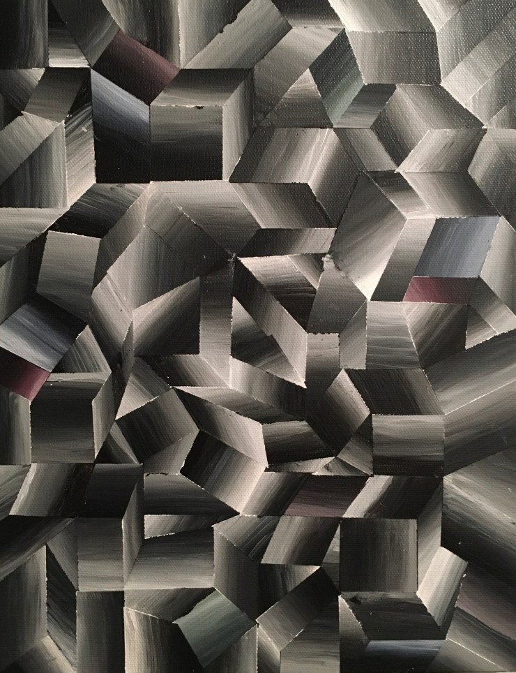 Black and abstract cubist painting.