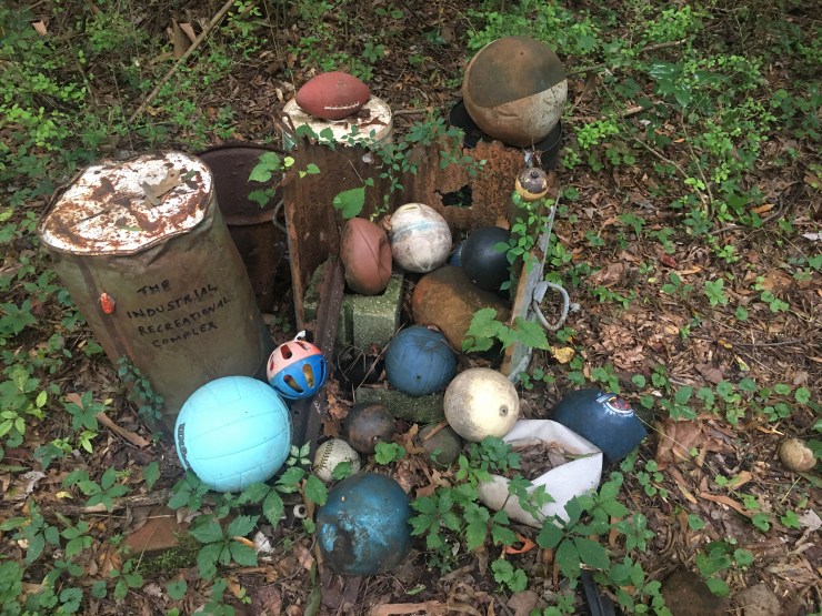 Old sports balls arranged around a tree stump.