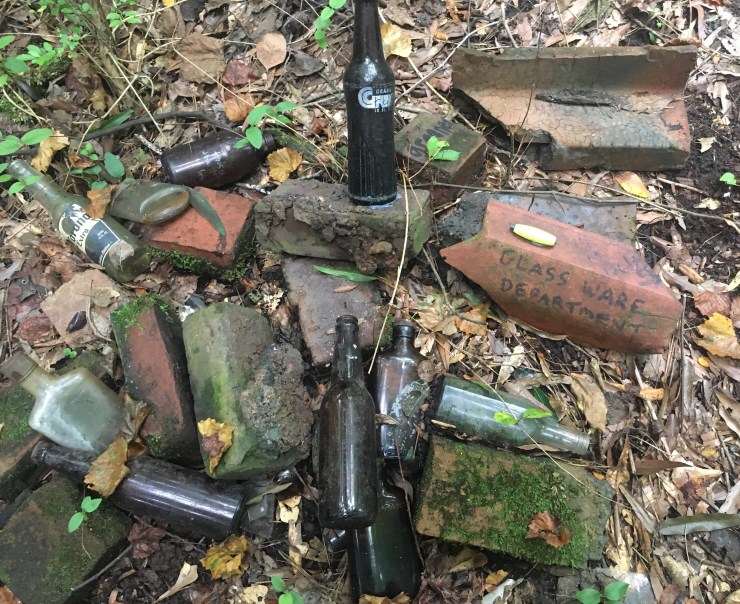 Empty bottles arranged on old bricks.