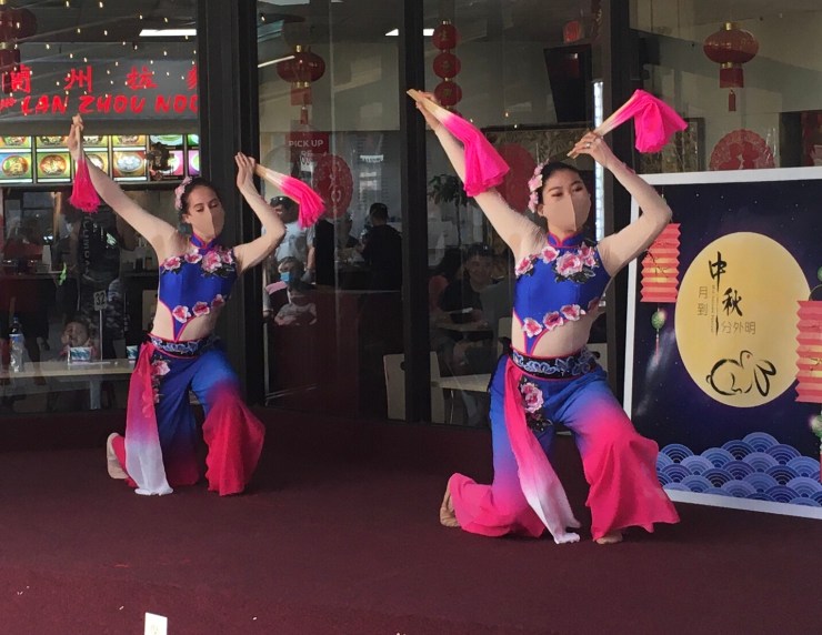 Two women in traditional Chinese costumes waving pink flags.
