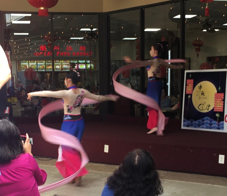 Two women in traditional Chinese costumes twirling pink ribbons.
