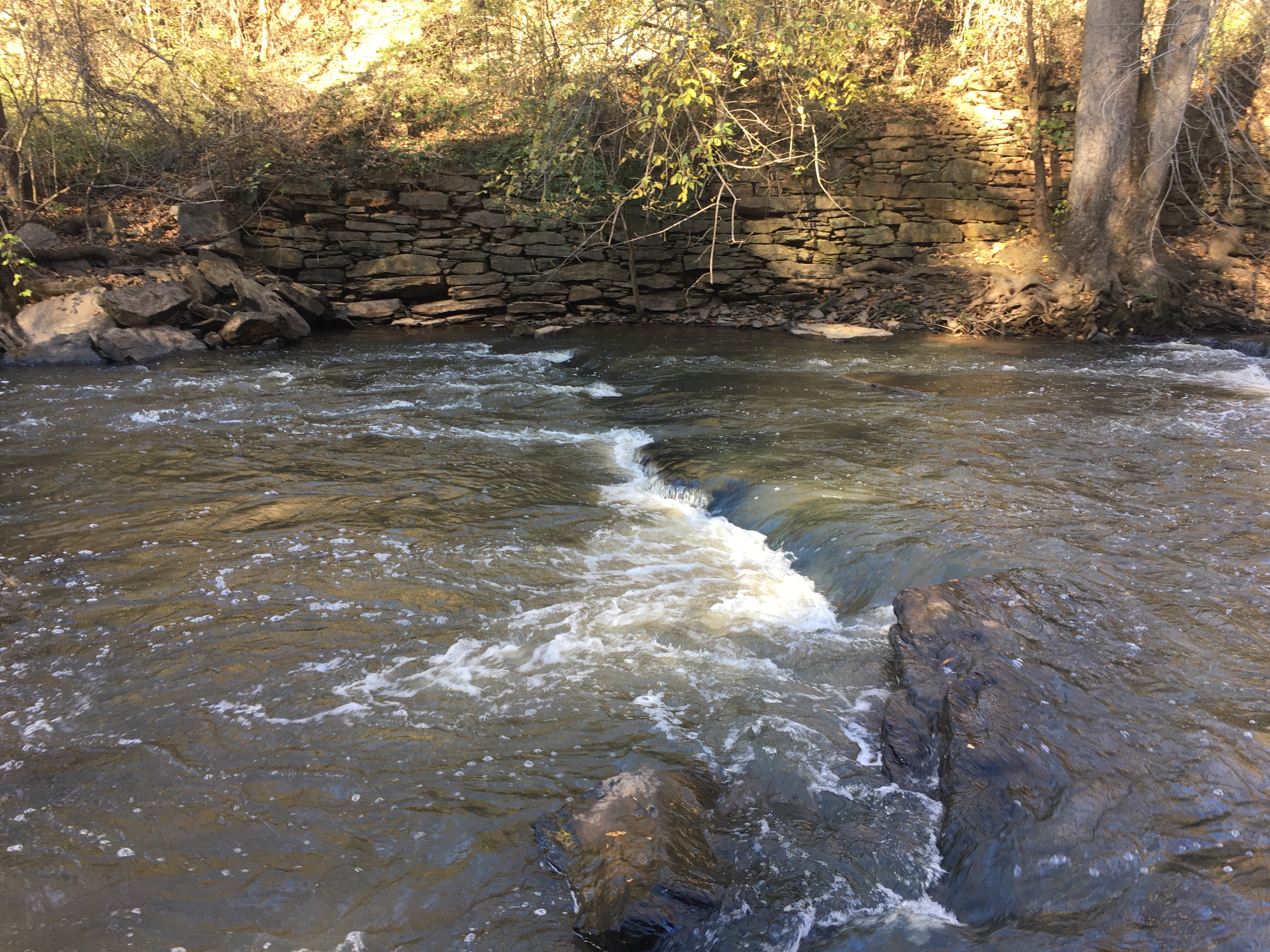River flowing past an old retaining wall.